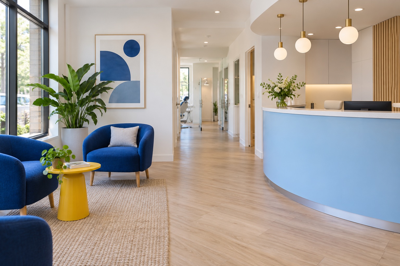 The fictional clinic’s bright reception with blue seating and a yellow side table